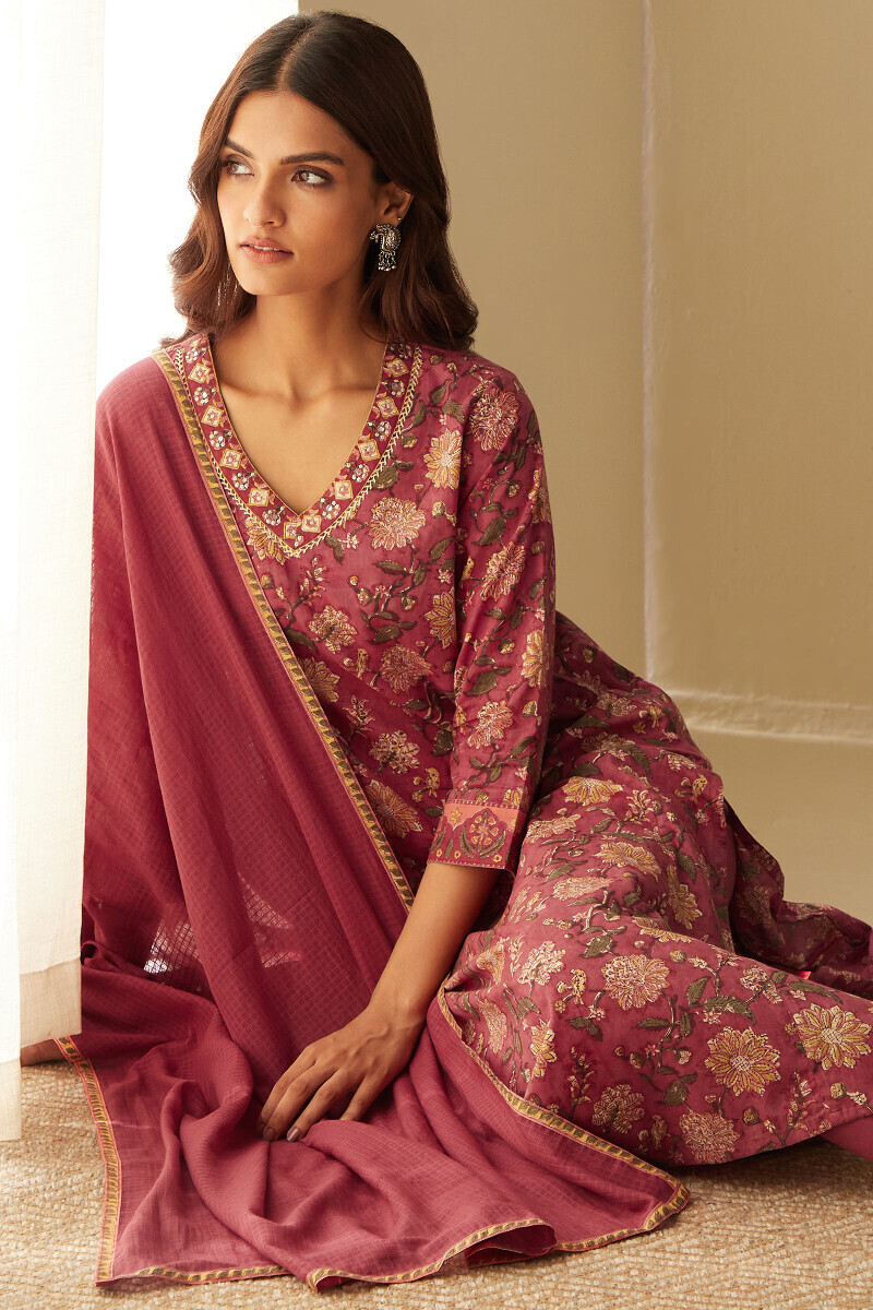Pink Hand Block-Printed Straight Cotton Kurta