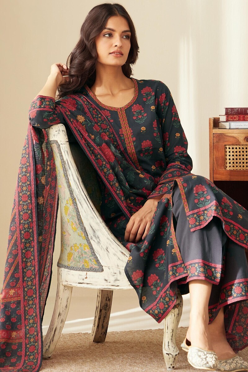 Black Printed Straight Cotton Kurta