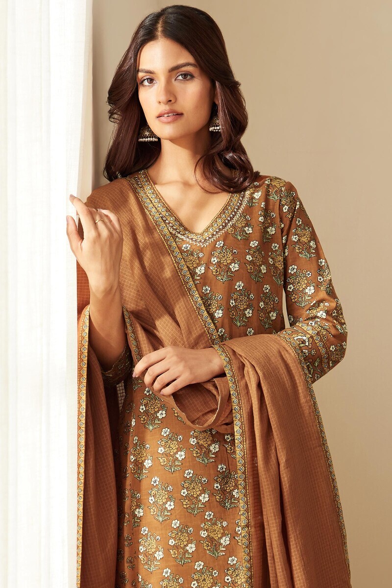 Brown Hand Printed Straight Cotton Slub Kurta