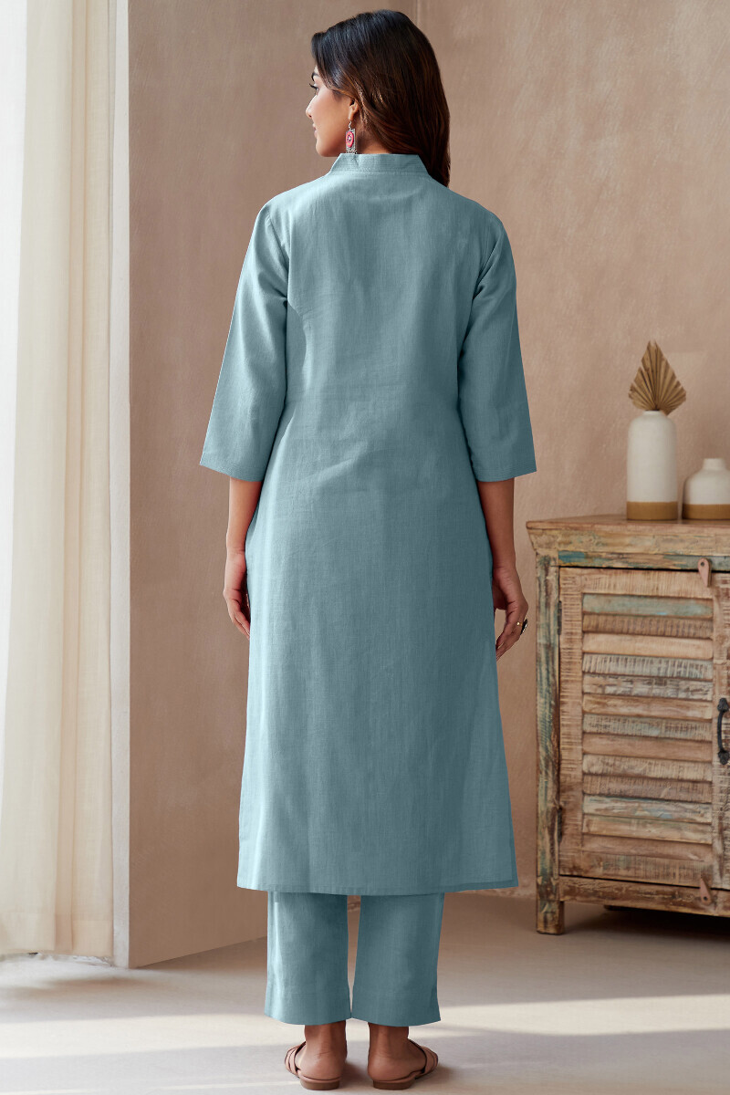 Sky Blue Handcrafted Straight Cotton Flax Kurta