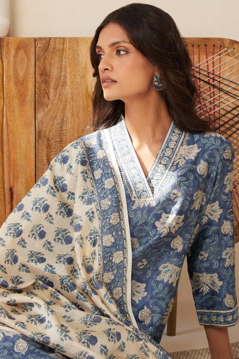 Blue Hand Block-Printed Straight Chanderi Kurta