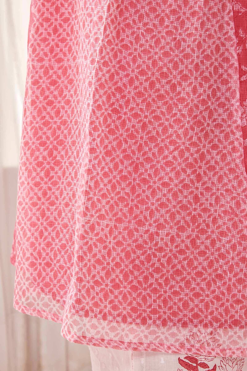 Pink Hand Block-Printed A-Line Kota Kurta