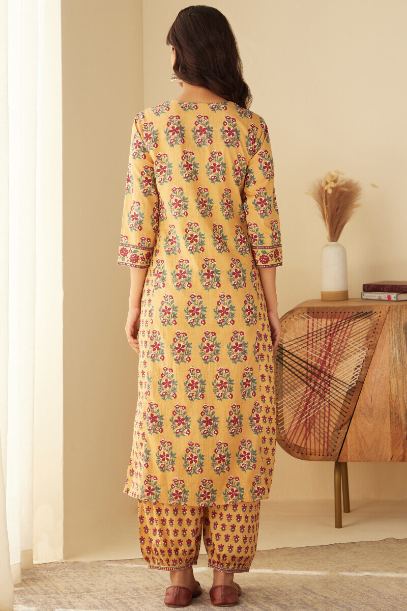 Yellow Hand-Printed Straight Cotton Kurta