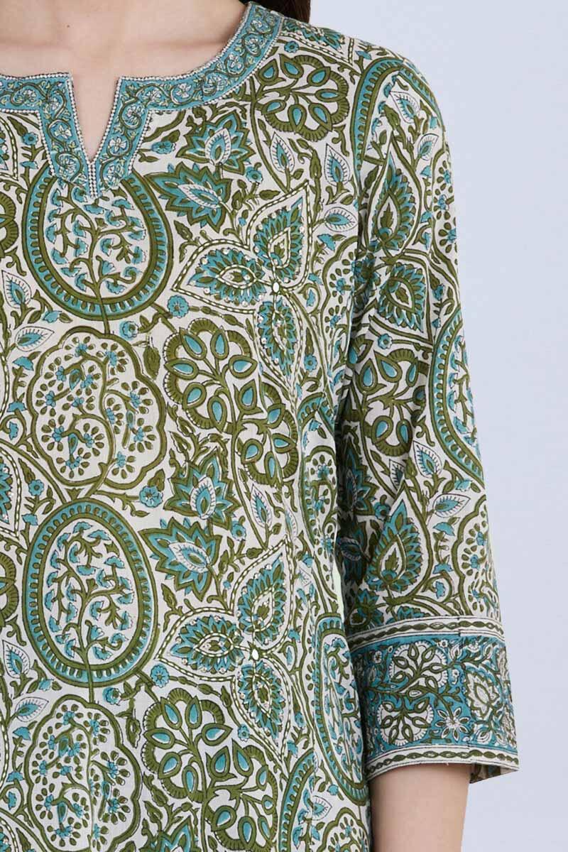Green Block Printed Straight Cotton Kurta