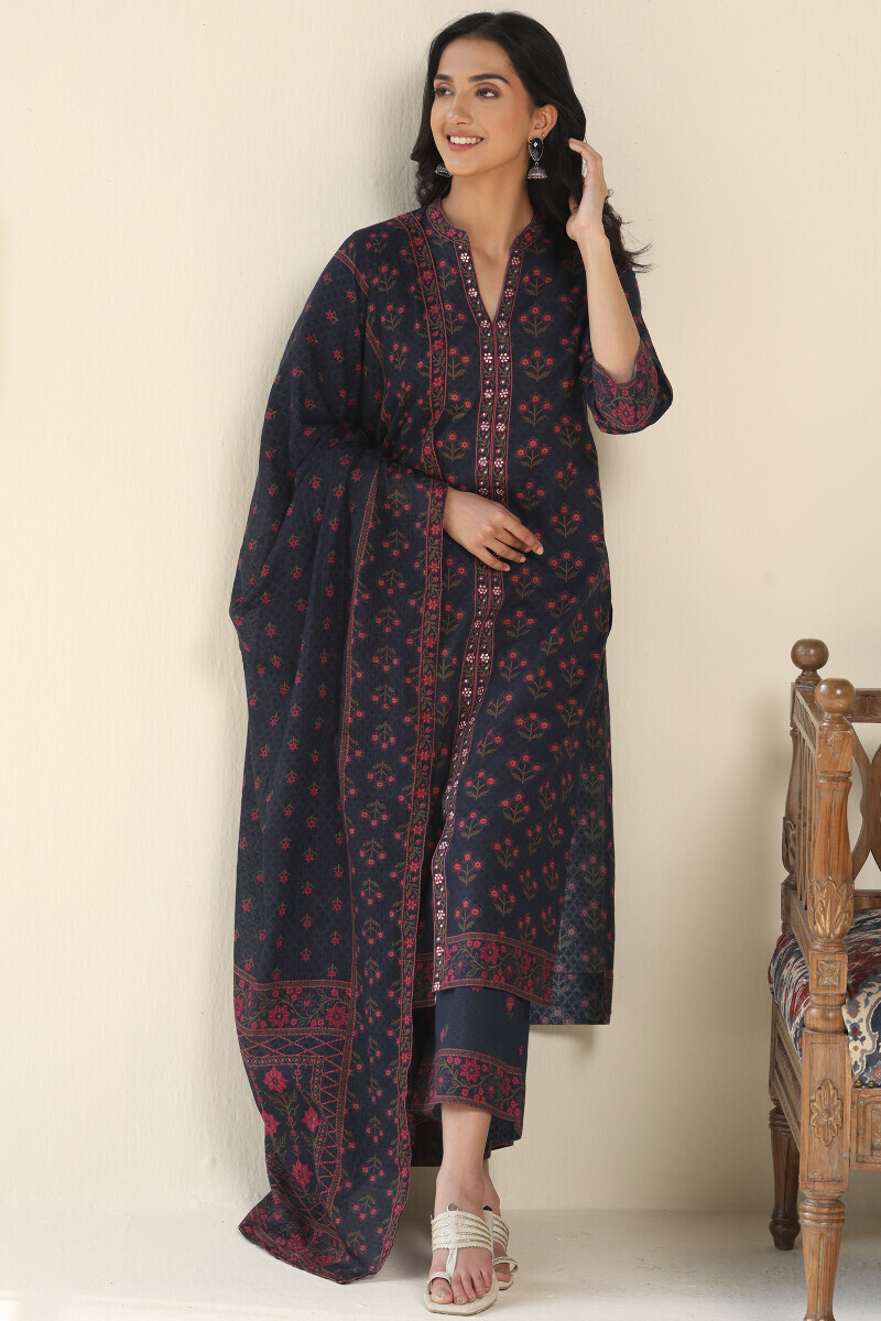 Navy Blue Printed Straight Cotton Kurta
