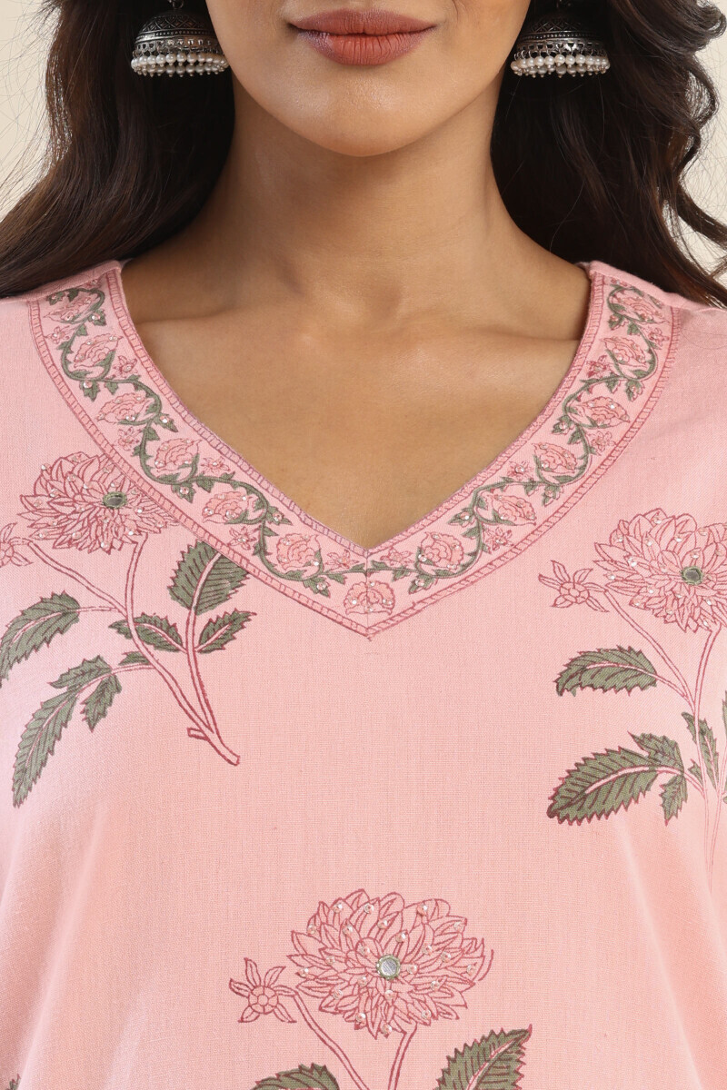 Pink Hand Block Printed Straight Cotton Flax Kurta