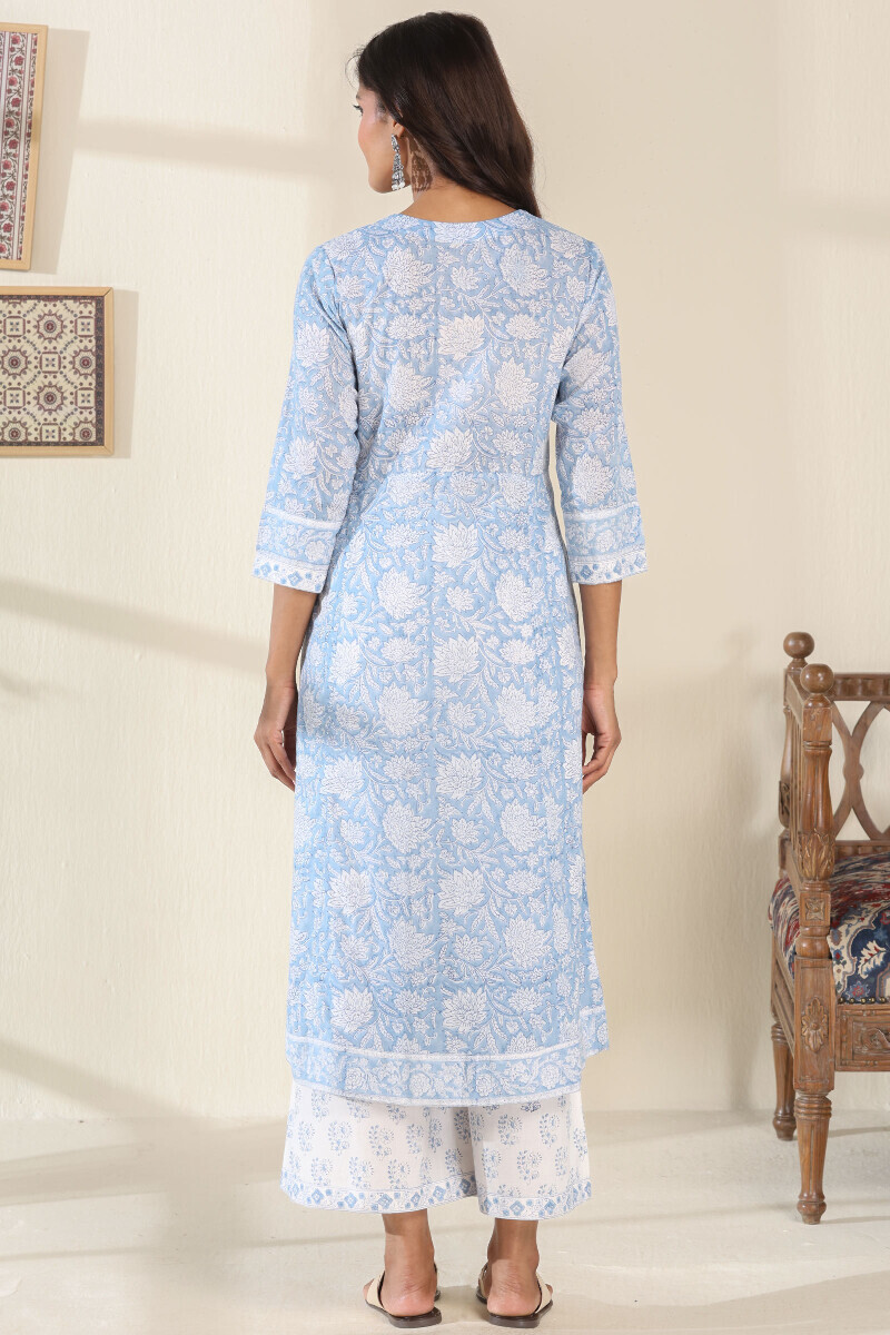 Blue Hand Block Printed A-Line Cotton Mul Kurta