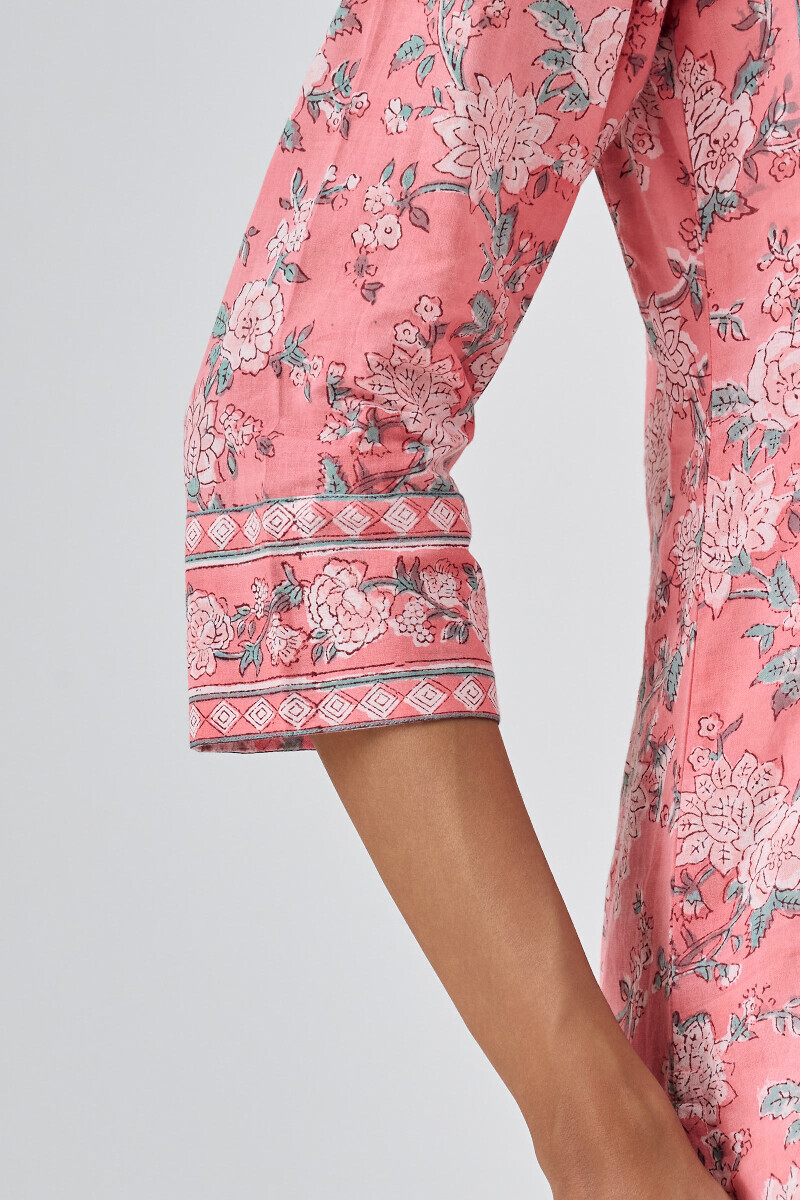 Pink Hand Block Printed Straight Cotton Kurta