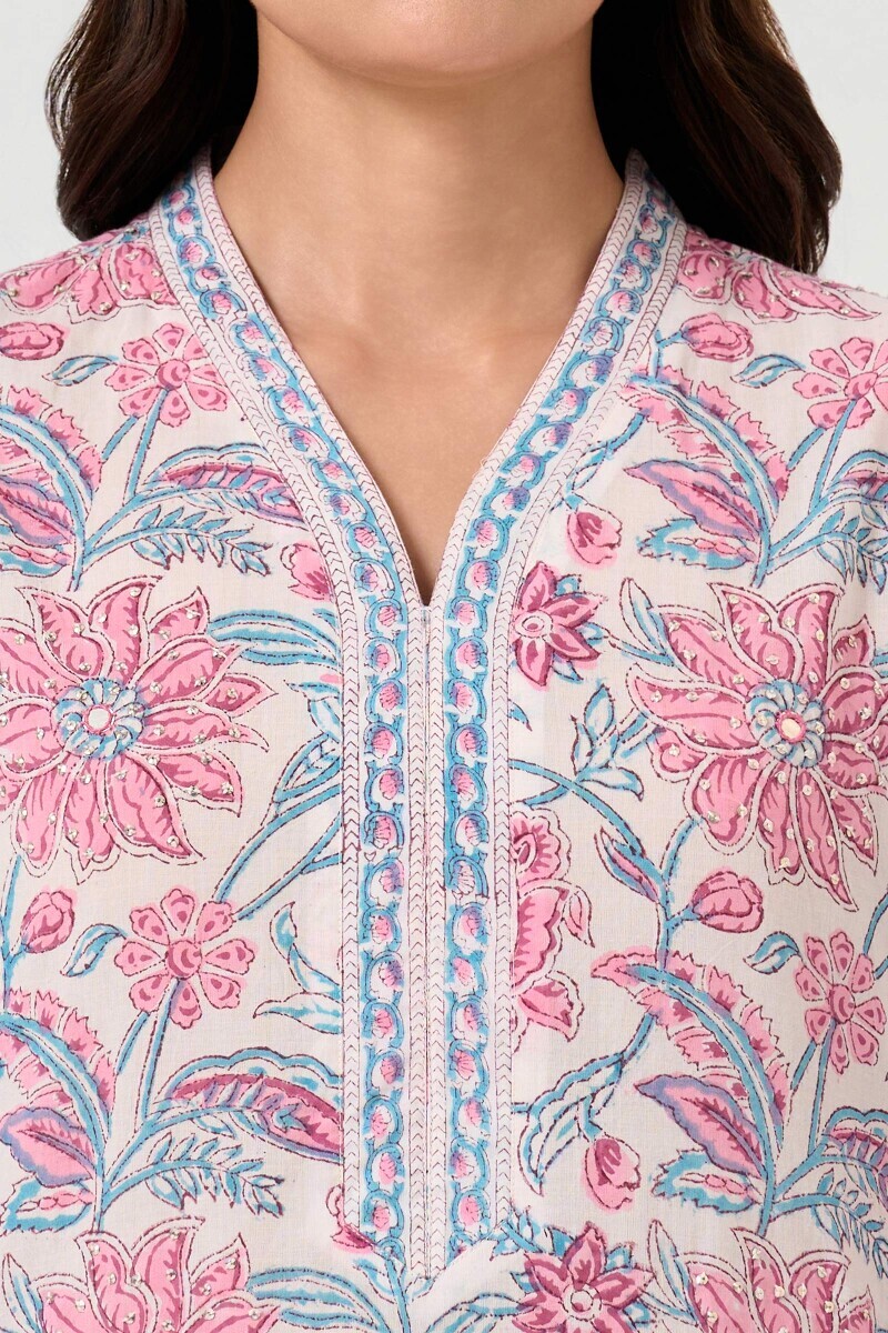 White Hand Block Printed Straight Cotton Kurta