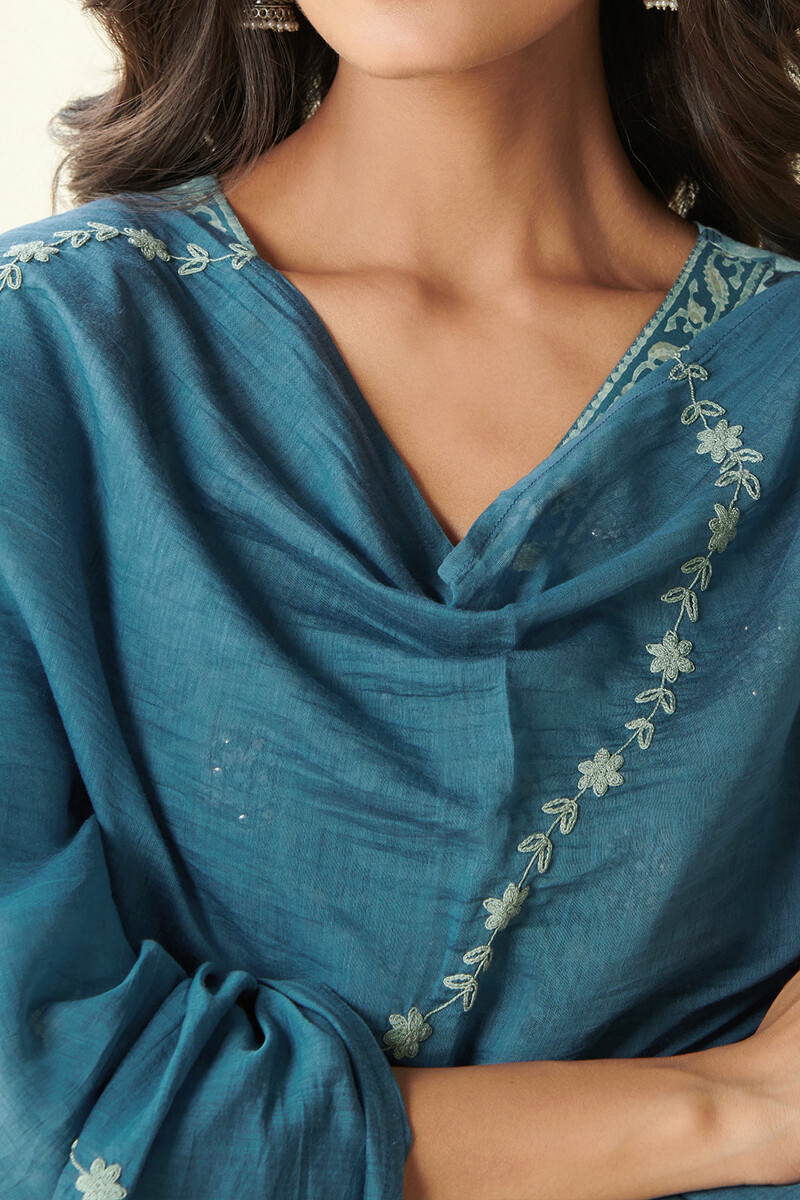 Blue Hand Block Printed Cotton Silk Dupatta