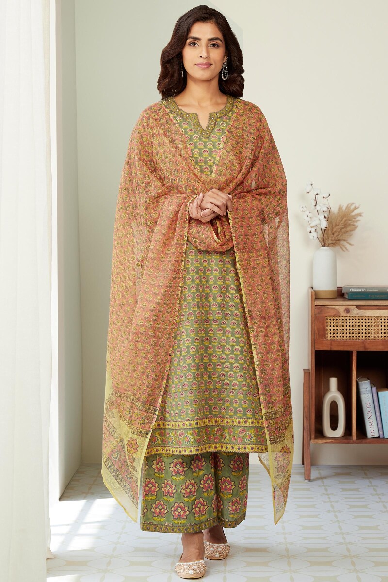 Olive Green Hand Block-Printed A-Line Cotton Kurta