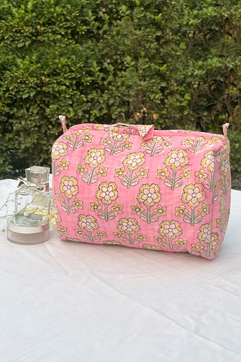 Pink Hand Block-Printed Cotton Vanity Pouch