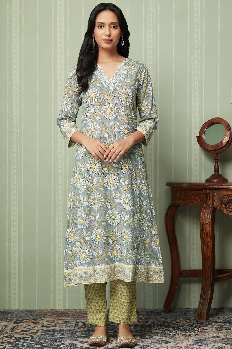 Grey Hand Block-Printed A-Line Cotton Mul Kurta