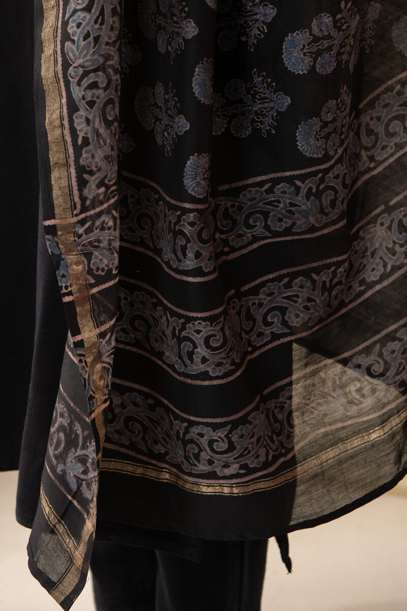 Black Hand Block Printed Chanderi Dupatta