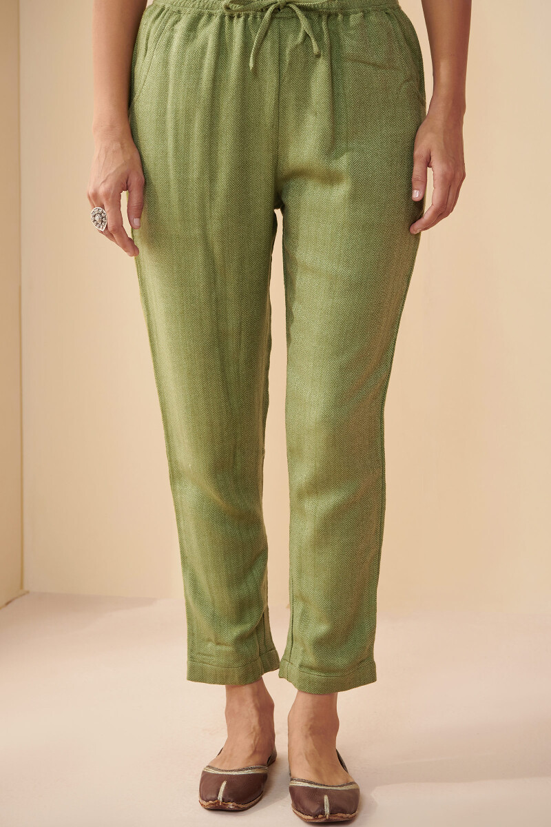 Green Handcrafted Faux Wool Narrow Pants