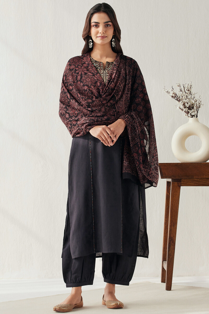 Black Hand Block Printed Straight Handloom Kurta