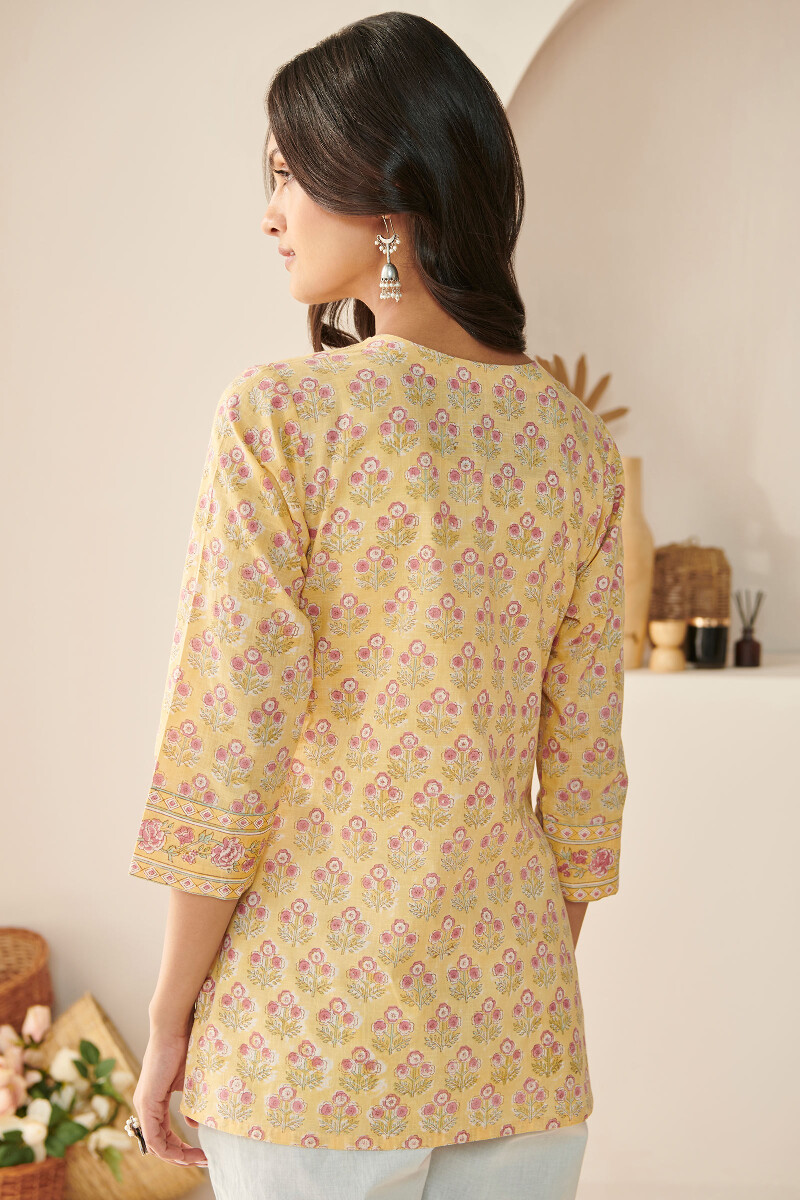 Yellow Hand Block Printed Cotton Slub Top