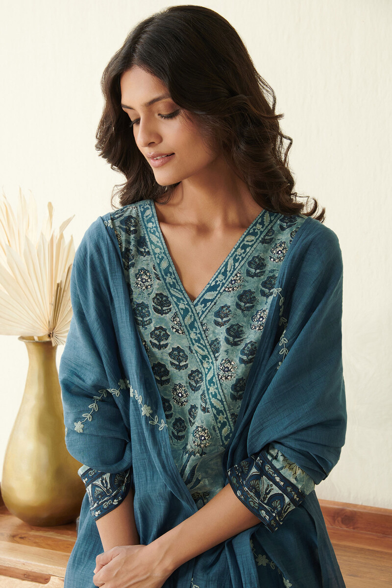 Blue Hand Block Printed Cotton Silk Dupatta