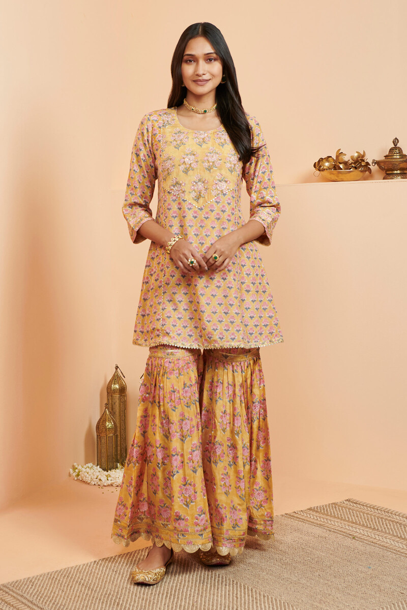 Yellow Hand Block Printed Short Modal Kurta