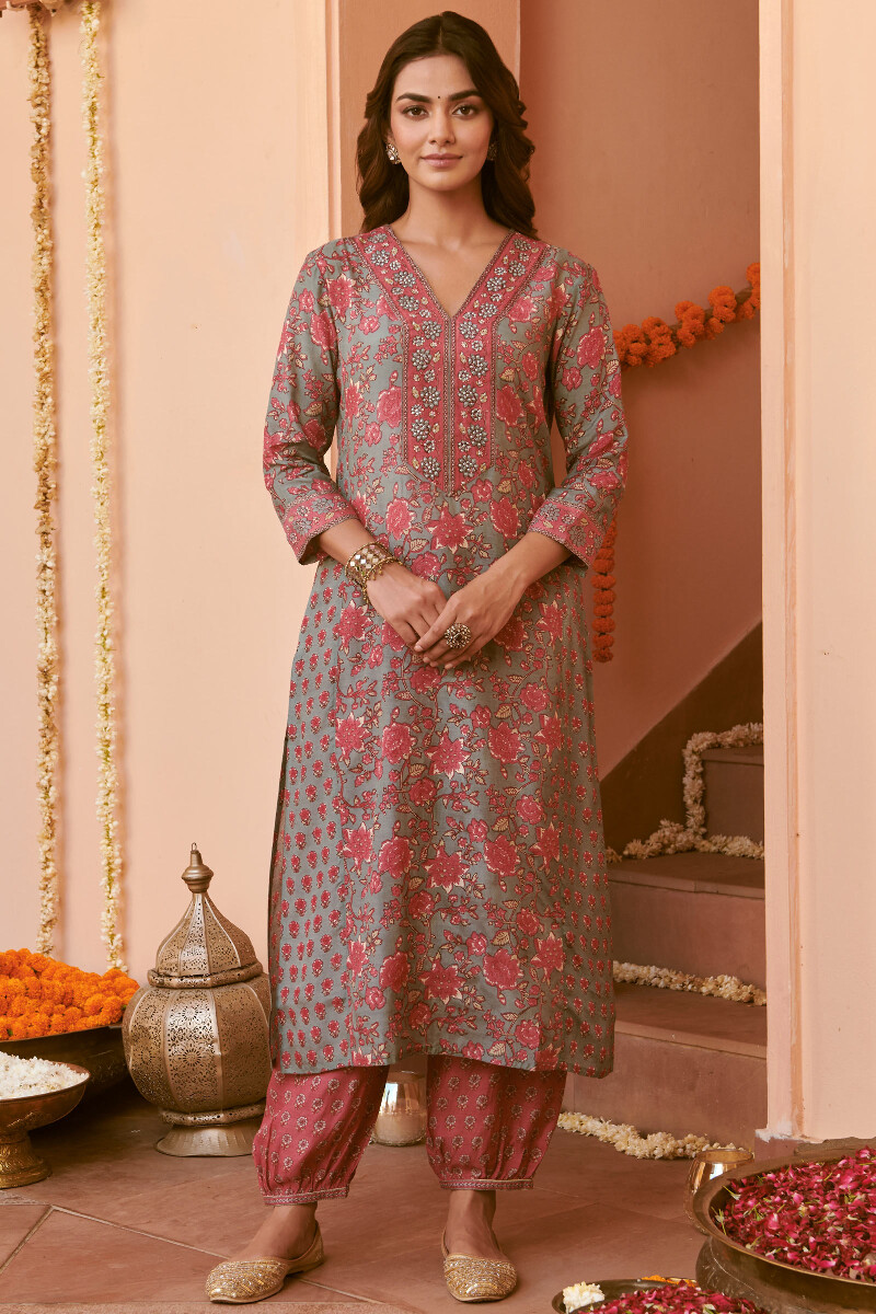 Blue Hand Printed Straight Modal Kurta