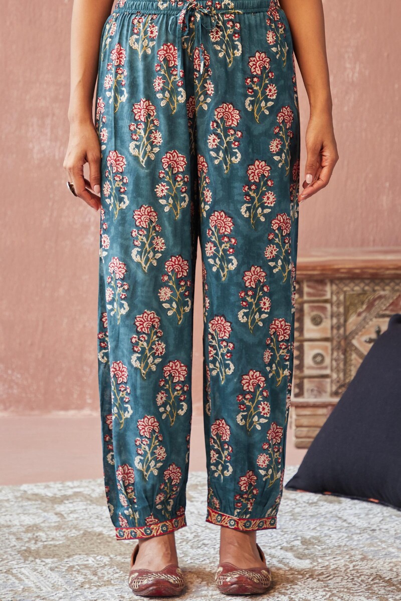 Teal Hand Block-Printed Viscose Izhaar Pants