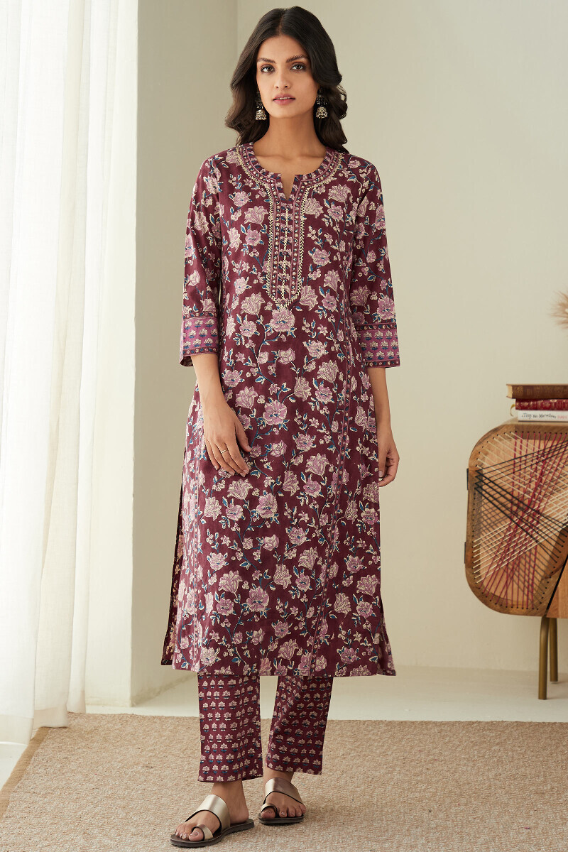 Maroon Hand Block-Printed Straight Cotton Kurta