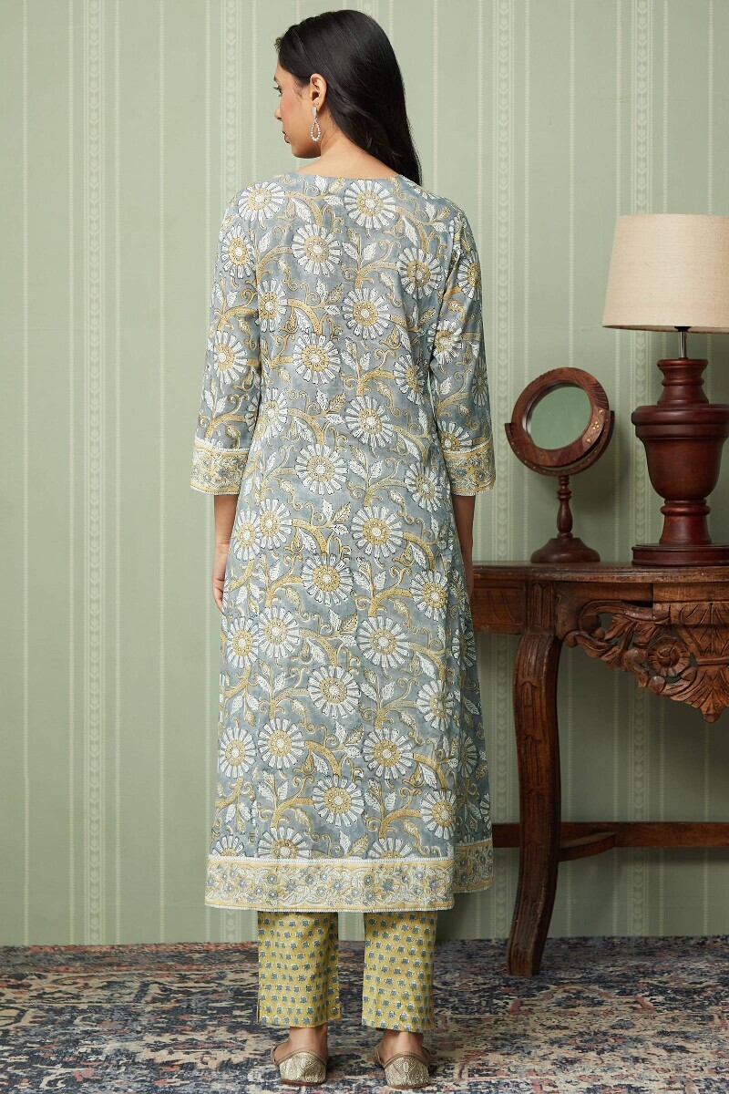 Grey Hand Block-Printed A-Line Cotton Mul Kurta