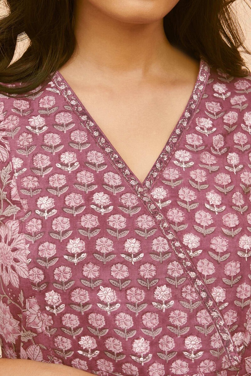 Purple Hand Block-Printed Straight Cotton Kurta