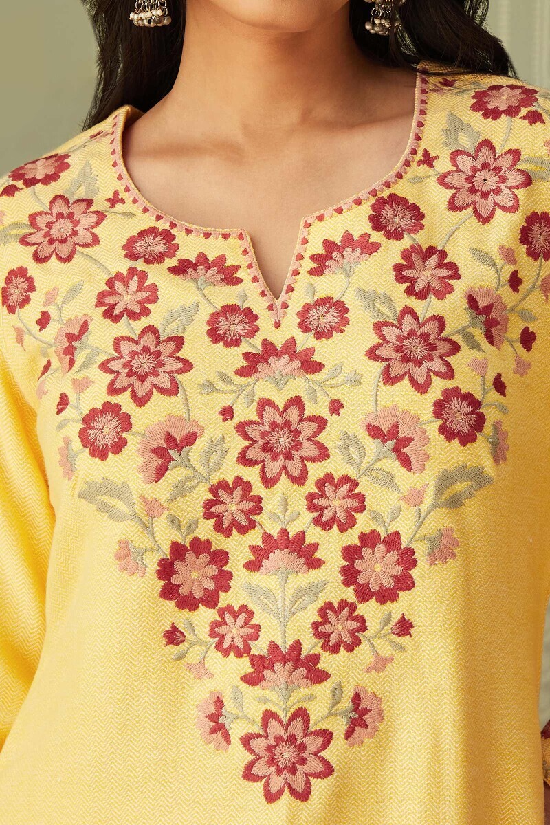 Yellow Handcrafted Straight Faux Wool Kurta