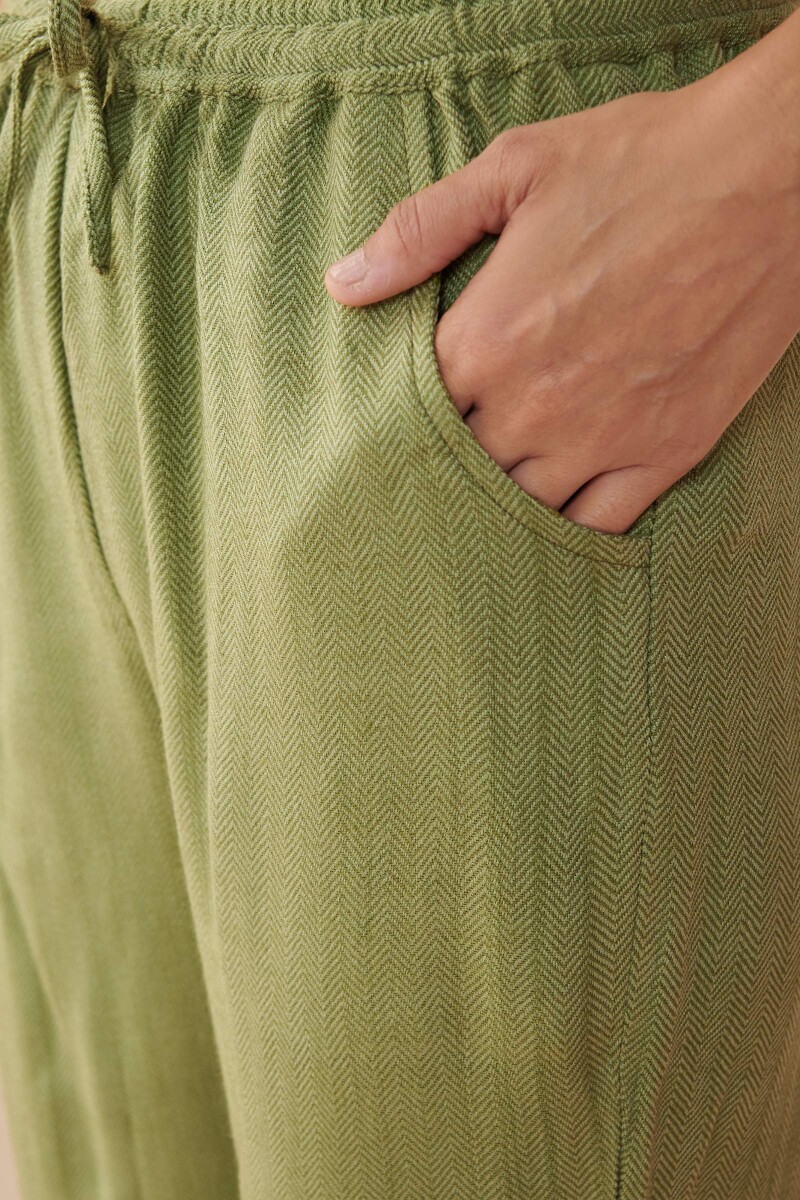 Green Handcrafted Faux Wool Narrow Pants