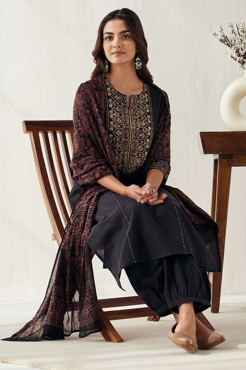 Black Hand Block Printed Straight Handloom Kurta