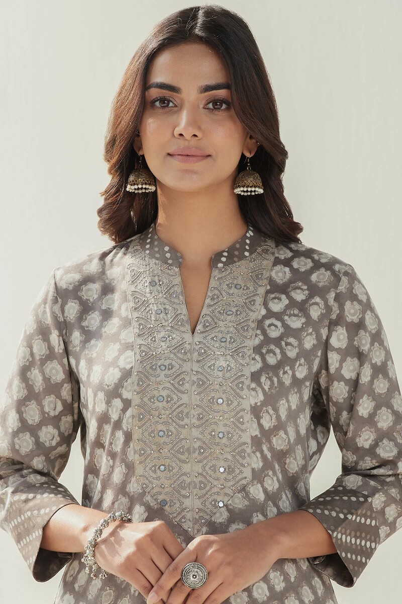 Grey Hand Block Printed Straight Modal Kurta