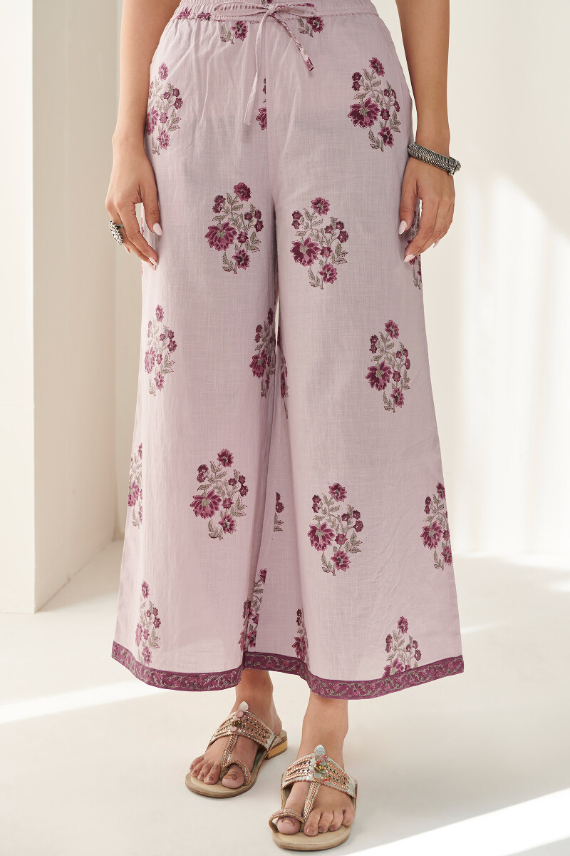 Purple Hand Block Printed Cotton Slub Palazzos