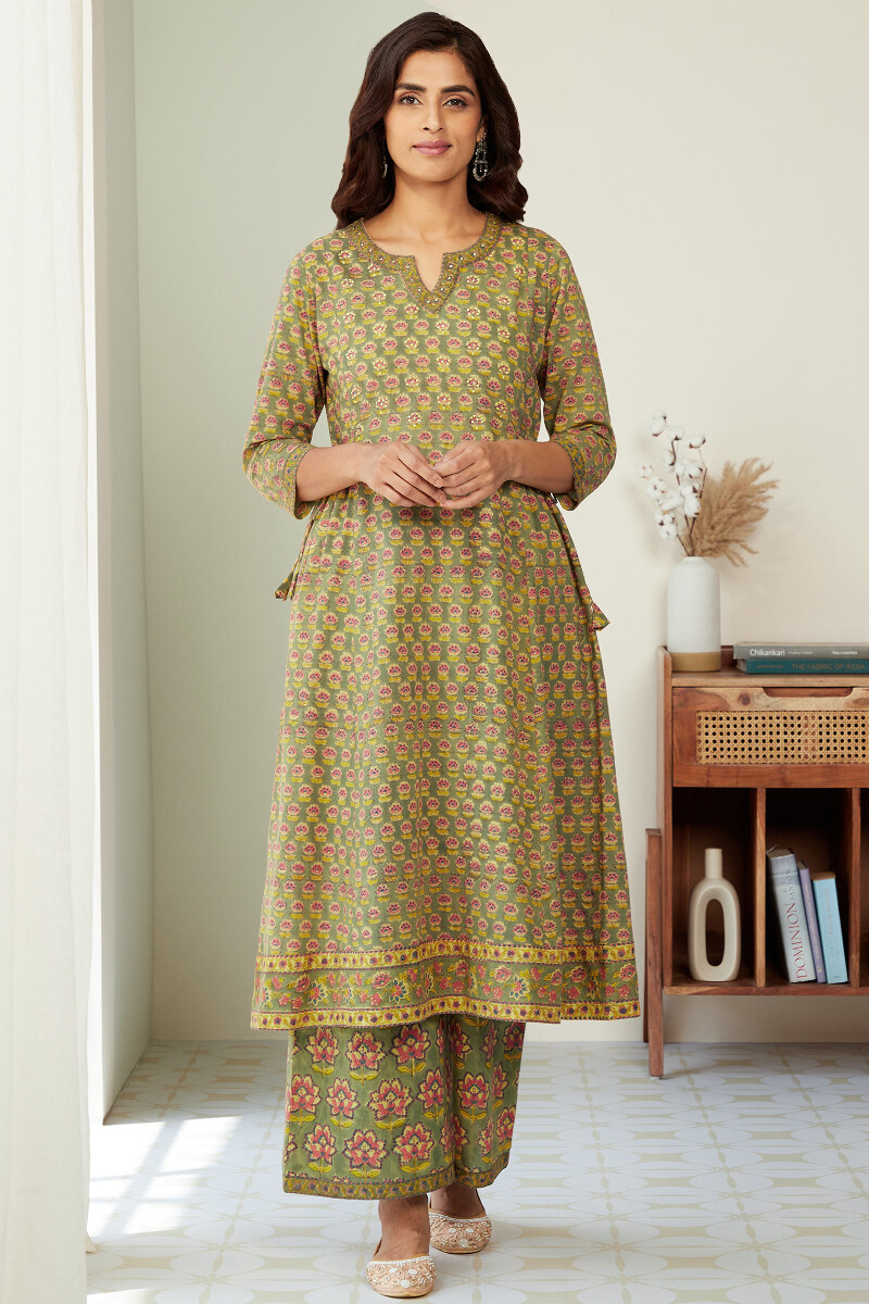 Olive Green Hand Block-Printed A-Line Cotton Kurta