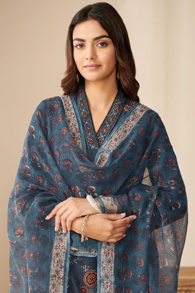 Indigo Hand Block Printed Kota Dupatta