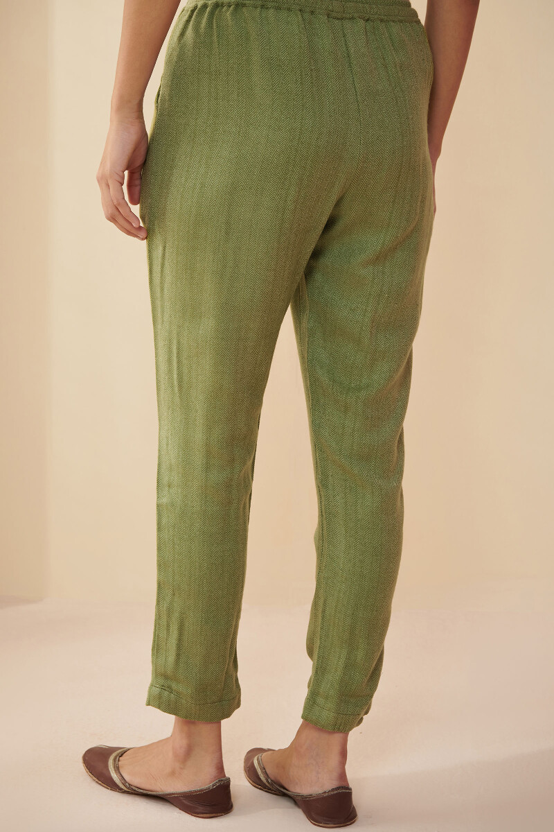 Green Handcrafted Faux Wool Narrow Pants