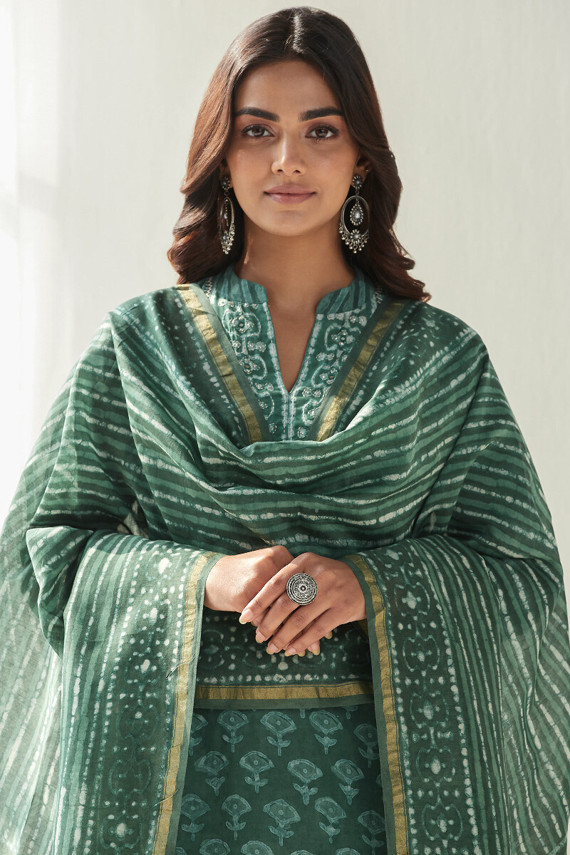 Green Hand Block Printed Chanderi Dupatta