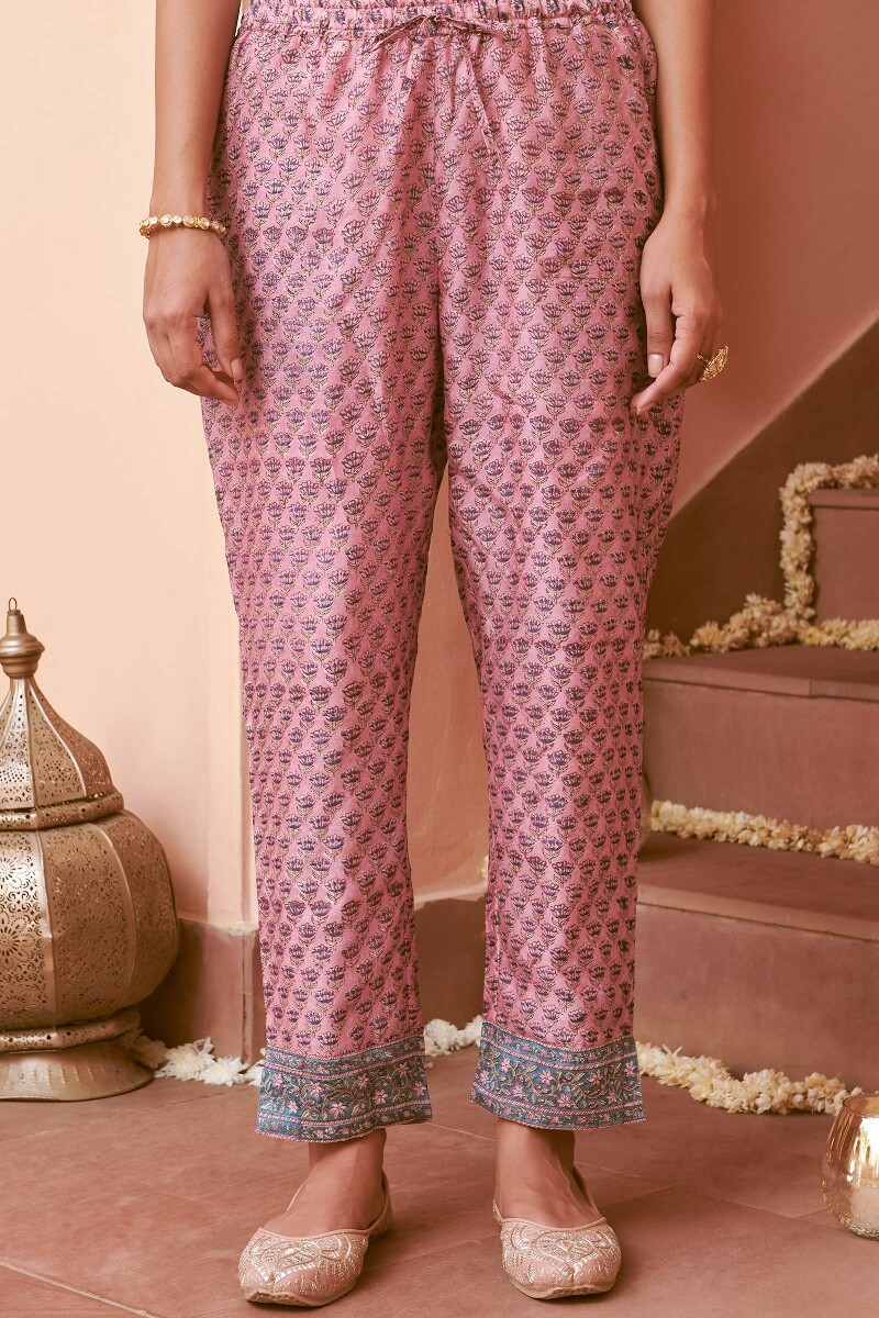 Pink Hand Block-Printed Chanderi Narrow Pants