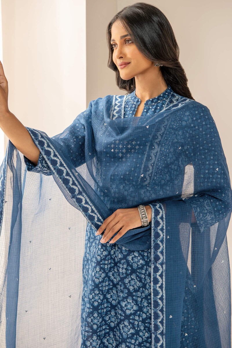 Indigo Hand Block Printed Straight Cotton Slub Kurta