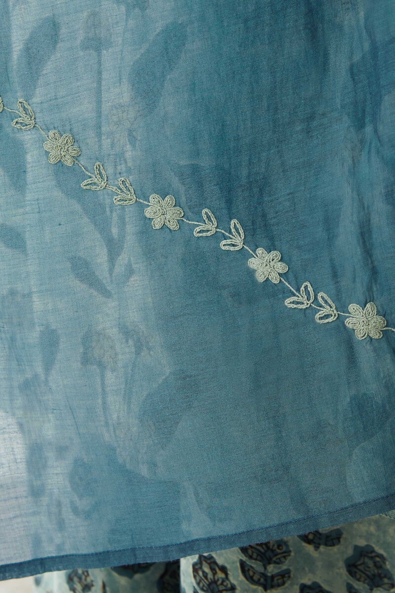 Blue Hand Block Printed Cotton Silk Dupatta