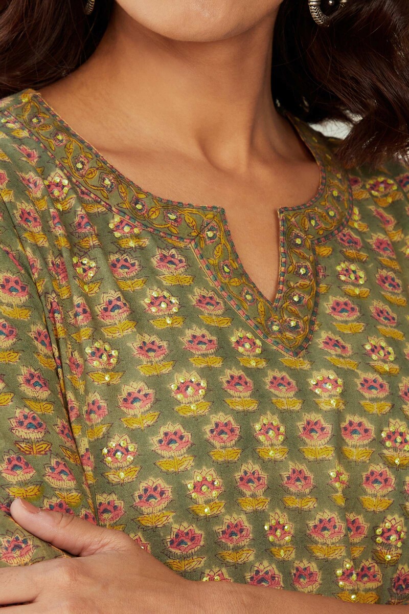 Olive Green Hand Block-Printed A-Line Cotton Kurta