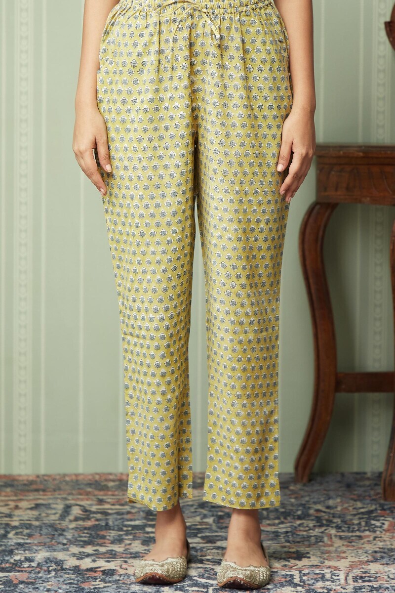 Mustard Hand Block-Printed Cotton Narrow Pants