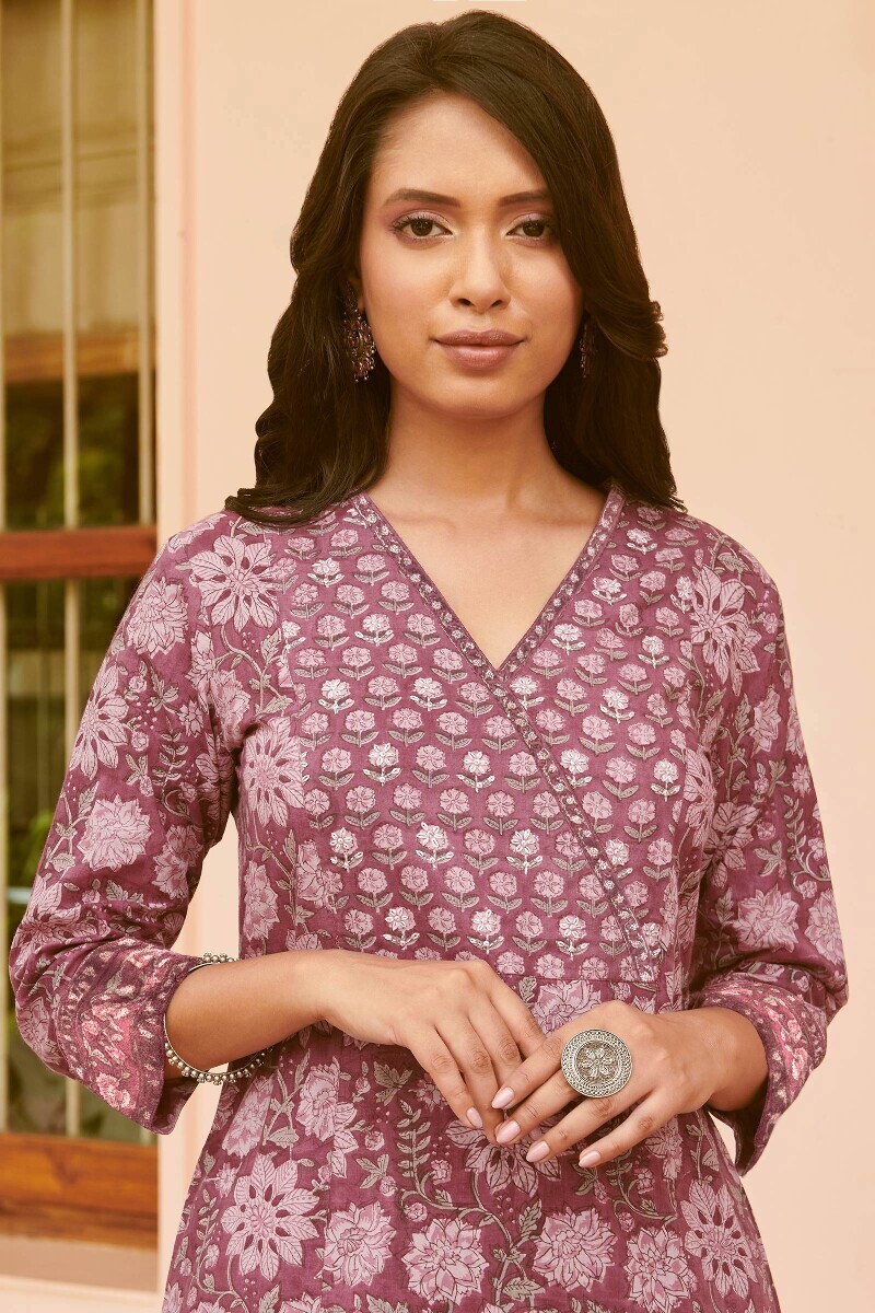 Purple Hand Block-Printed Straight Cotton Kurta