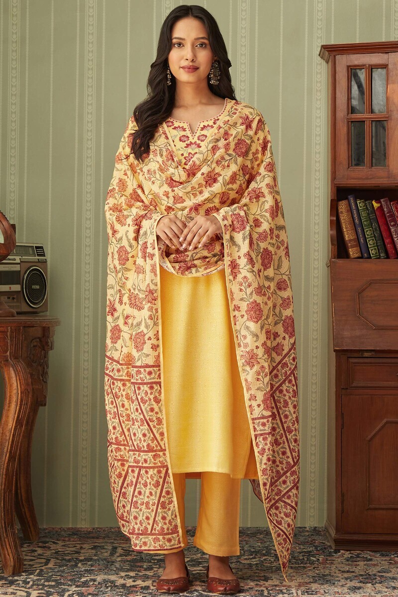 Yellow Handcrafted Straight Faux Wool Kurta