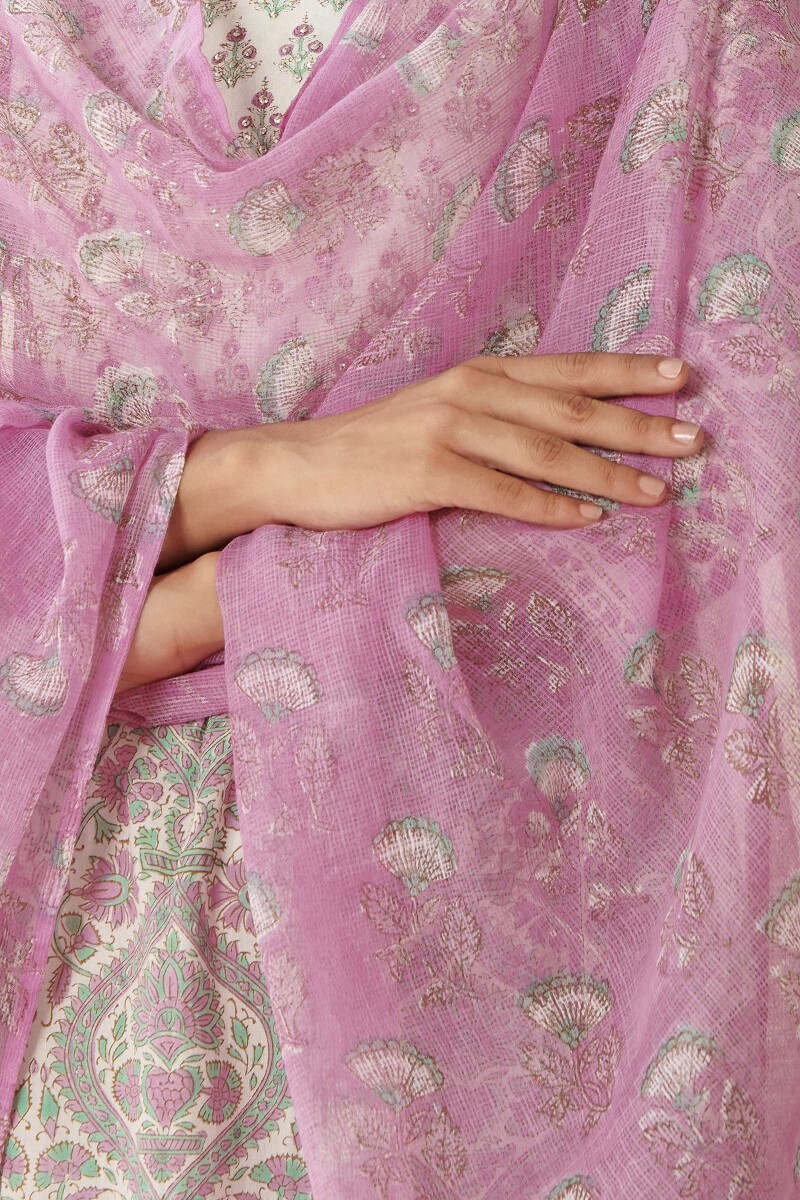 Pink Hand Block Printed Kota Dupatta