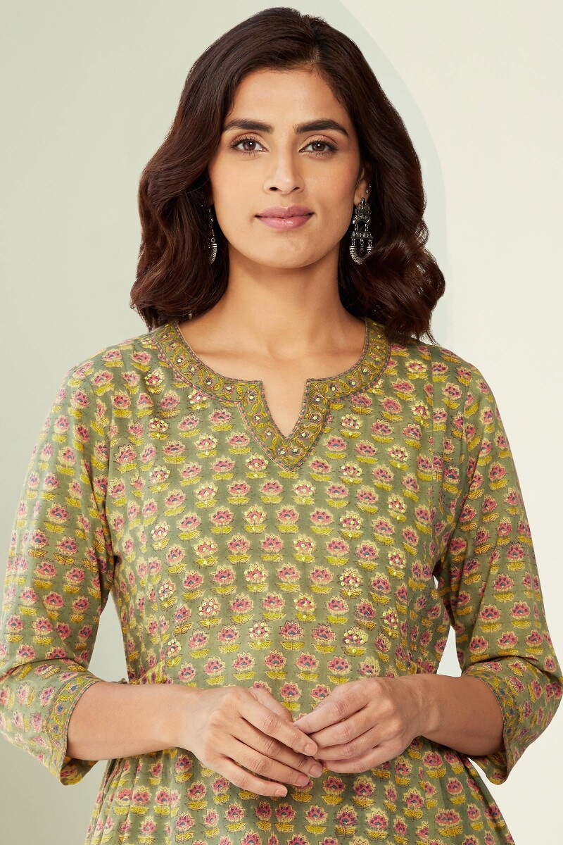 Olive Green Hand Block-Printed A-Line Cotton Kurta