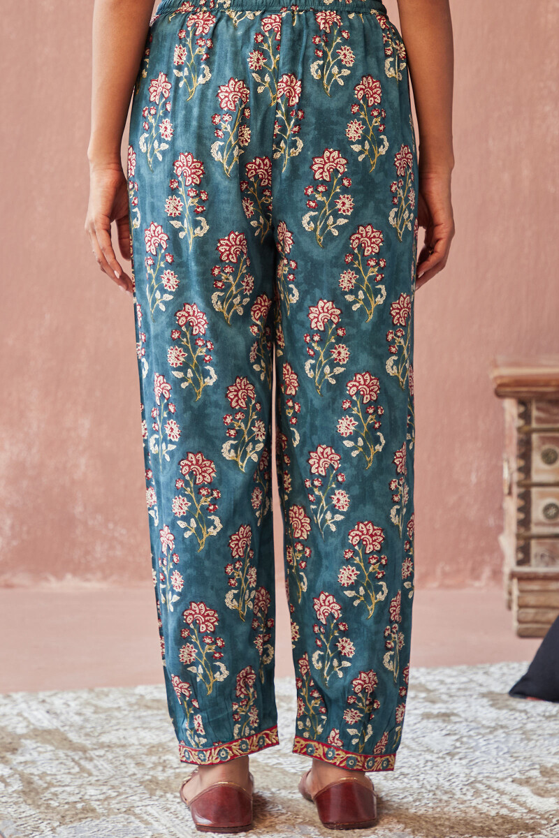 Teal Hand Block-Printed Viscose Izhaar Pants