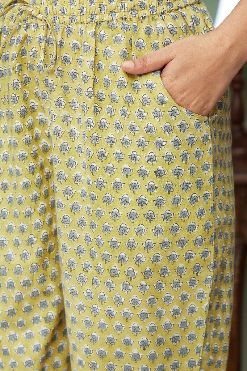 Mustard Hand Block-Printed Cotton Narrow Pants