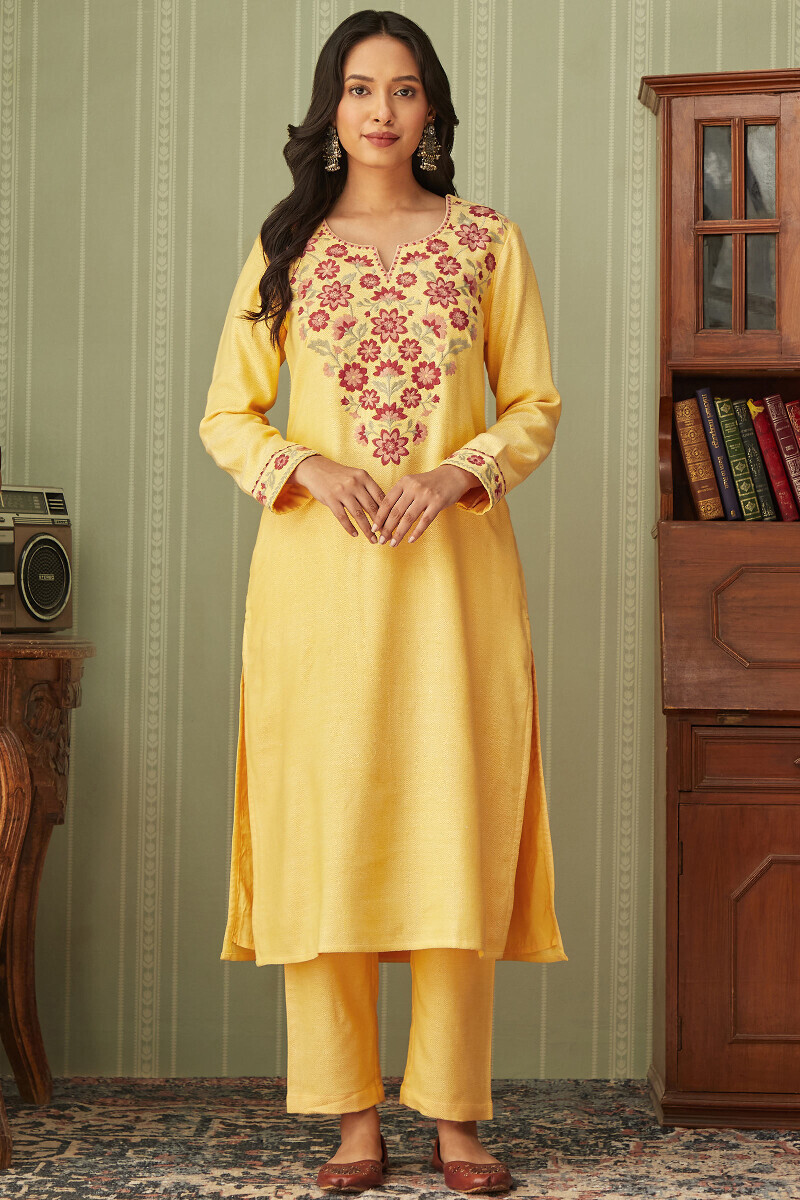 Yellow Handcrafted Straight Faux Wool Kurta