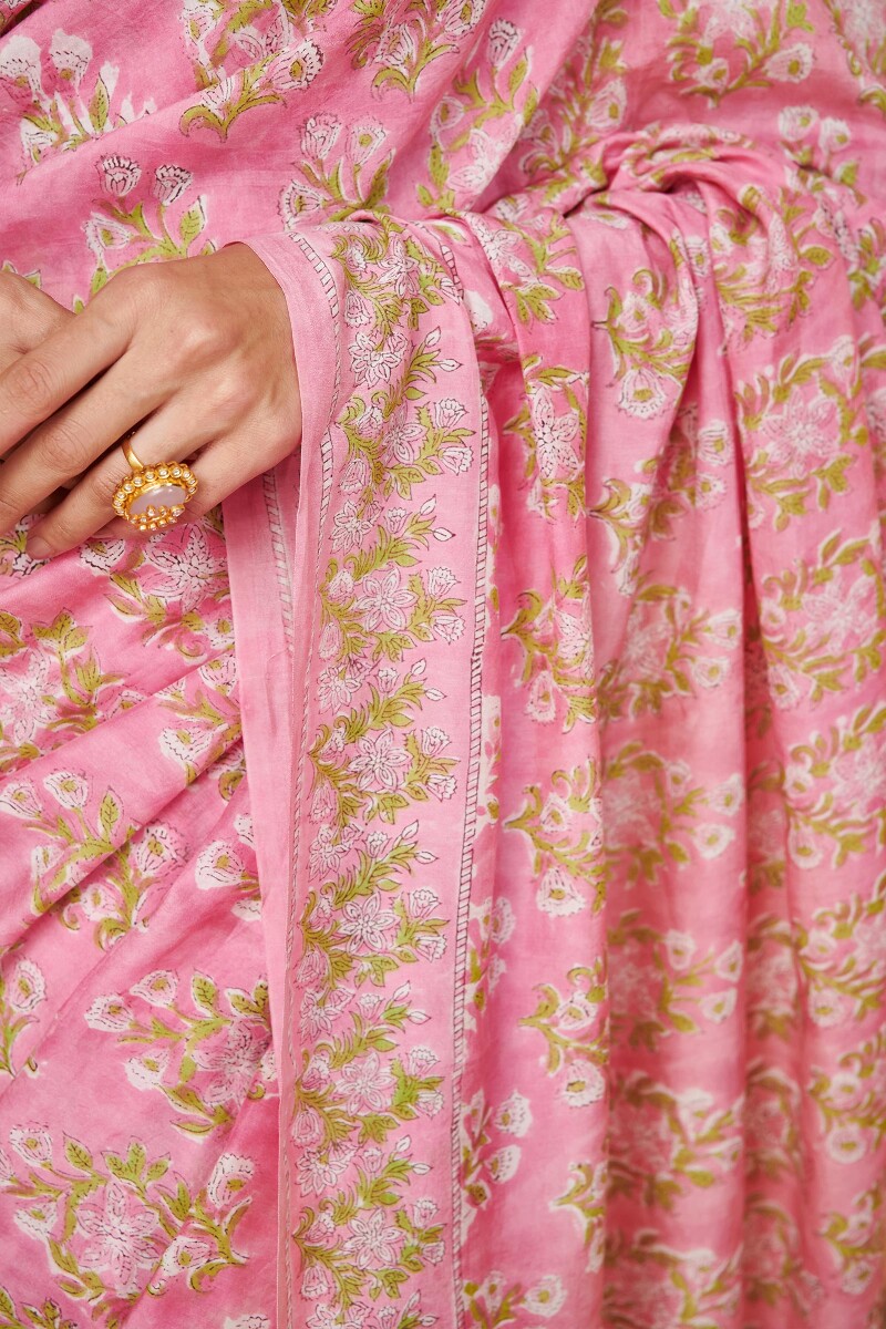 Pink Hand Block Printed Cotton Silk Saree